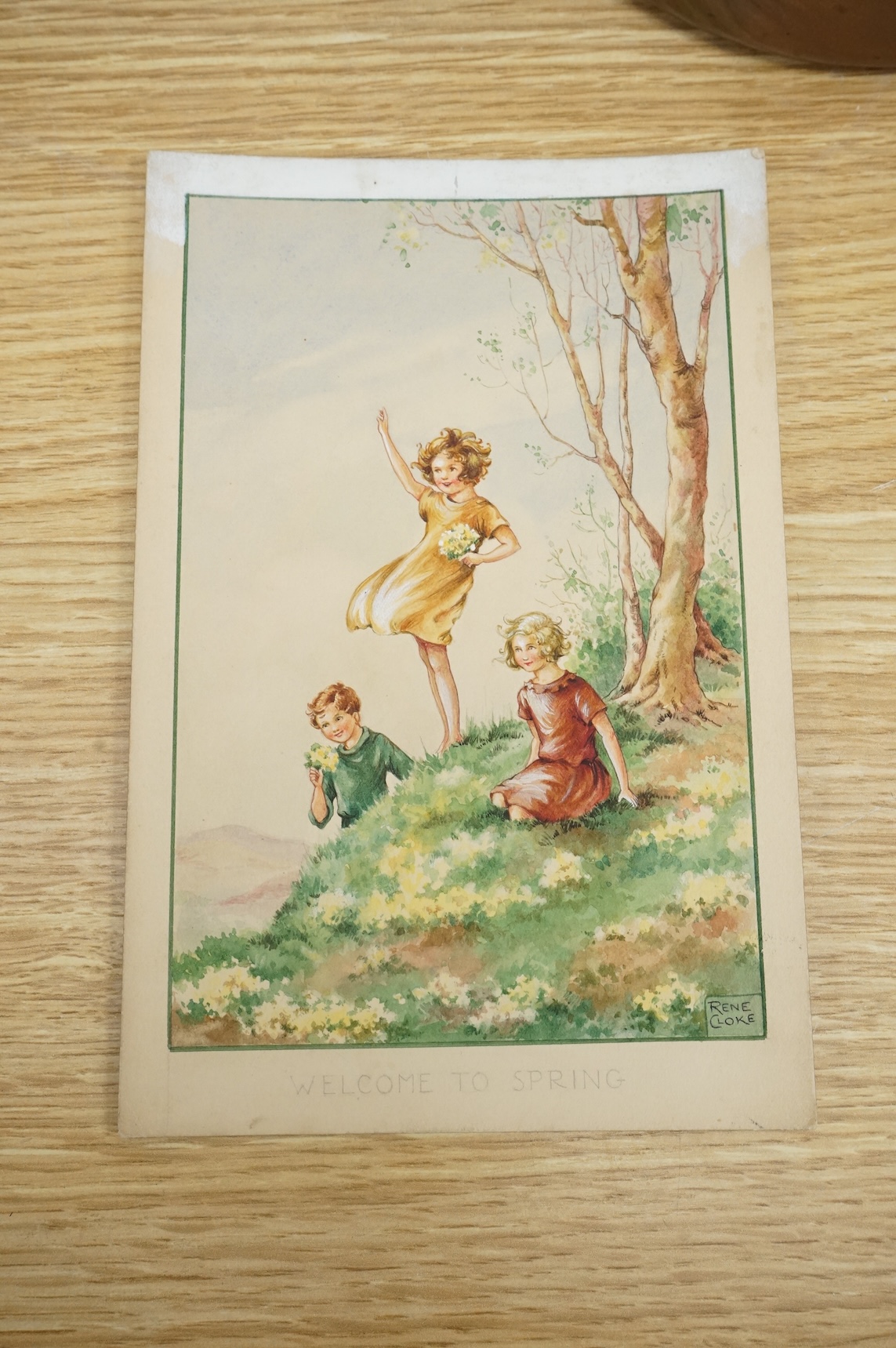 Rene Cloke (1904-1995), set of six original watercolours for children's postcard designs, Country Days to include Fog in the Valley, Spring Babies and Summer Noon, each signed, unframed, 21 x 13cm